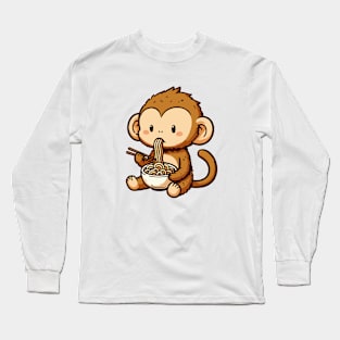 Cute brown monkey eat ramen Long Sleeve T-Shirt